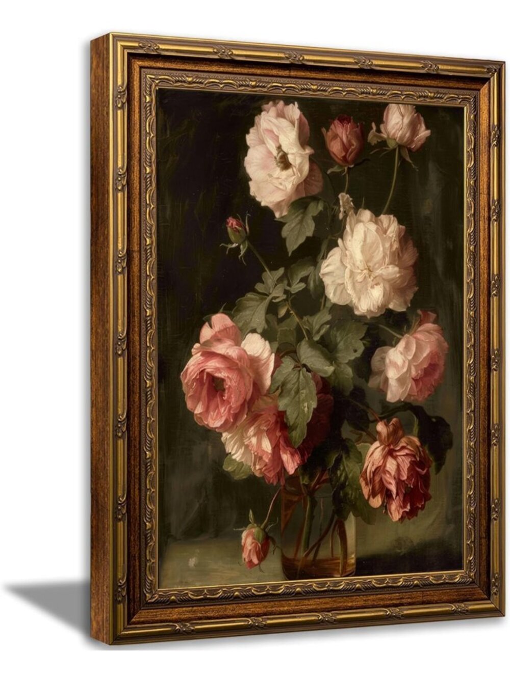 Vintage Gold Framed Floral Canvas Wall Art - Moody Rose Design, 24x16 in
